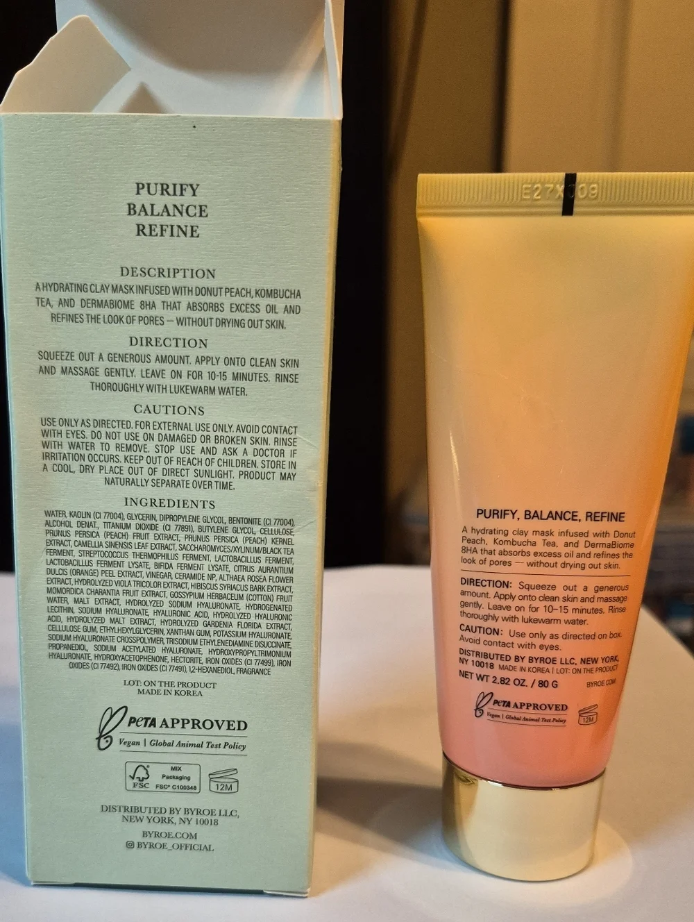 BYROE New York Peach Kombucha Tea, Purifying Clay Mask, 2.82oz (Full Size), NIB